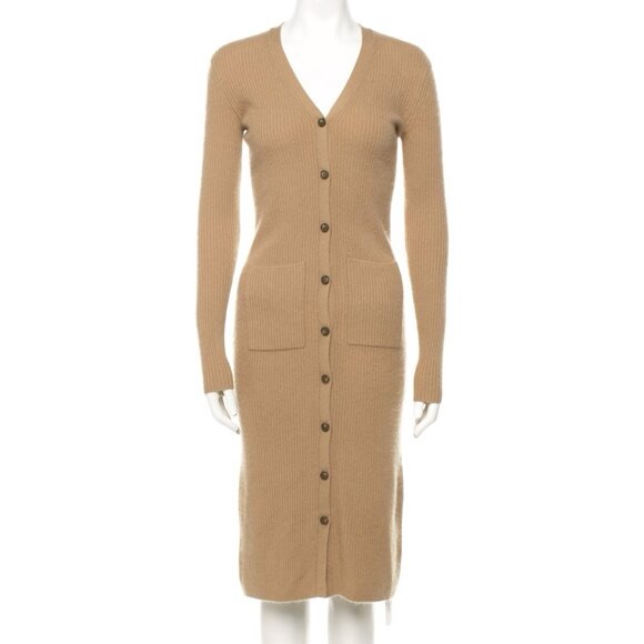 Naadam Cashmere Ribbed Cardigan Dress Camel Xs
